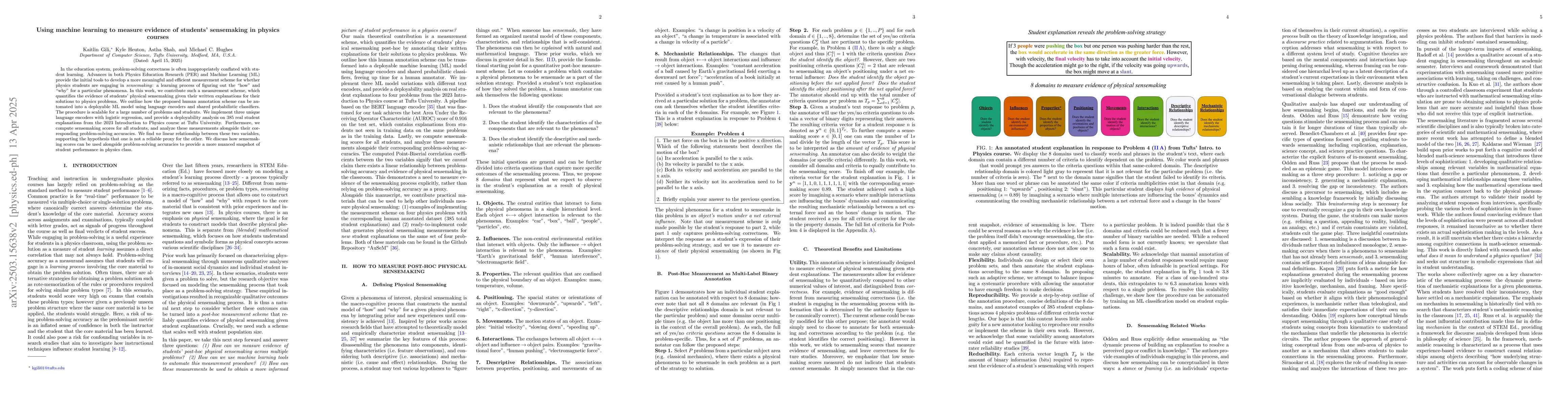 Thumbnail for Using machine learning to measure evidence of students' sensemaking in
  physics courses