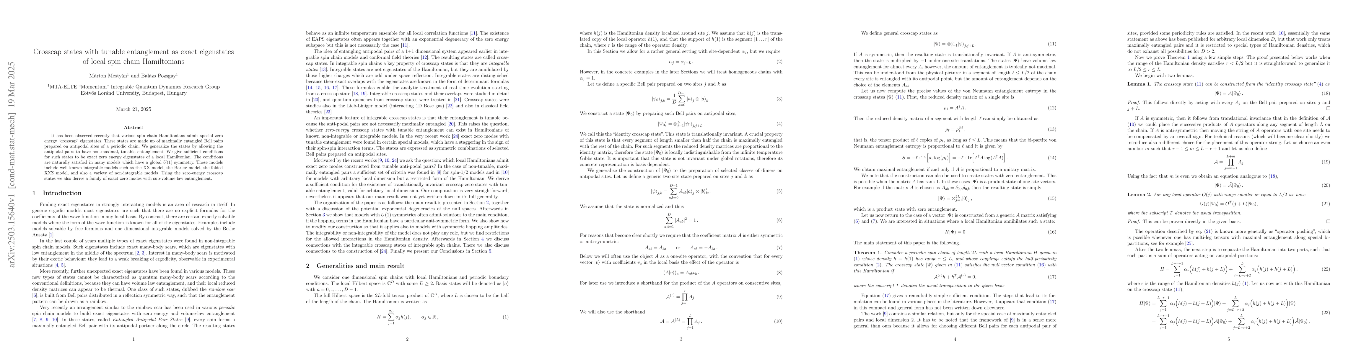 Thumbnail for Crosscap states with tunable entanglement as exact eigenstates of local
  spin chain Hamiltonians