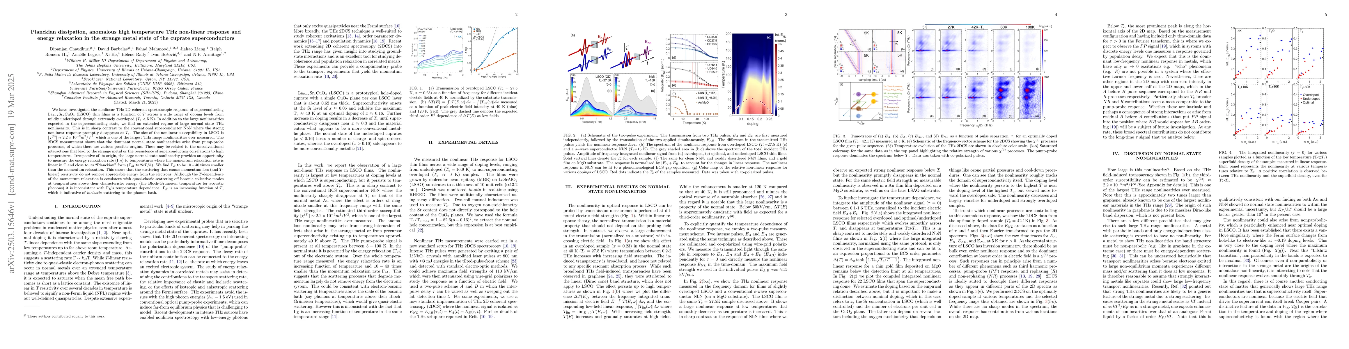 Thumbnail for Planckian dissipation, anomalous high temperature THz non-linear
  response and energy relaxation in the strange metal state of the cuprate
  superconductors