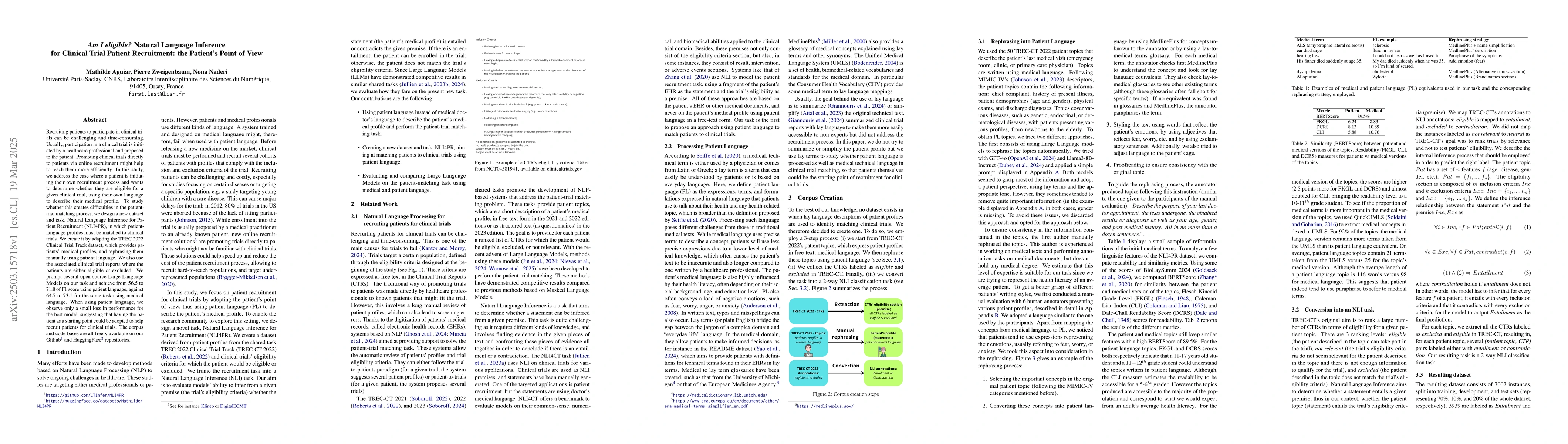 Thumbnail for Am I eligible? Natural Language Inference for Clinical Trial Patient
  Recruitment: the Patient's Point of View