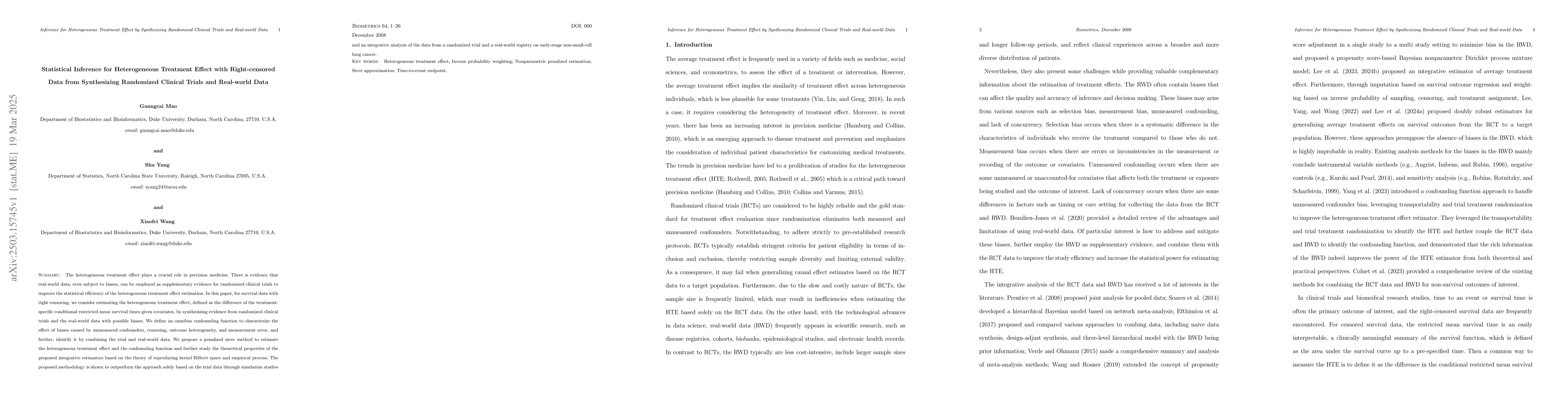 Thumbnail for Statistical Inference for Heterogeneous Treatment Effect with
  Right-censored Data from Synthesizing Randomized Clinical Trials and
  Real-world Data