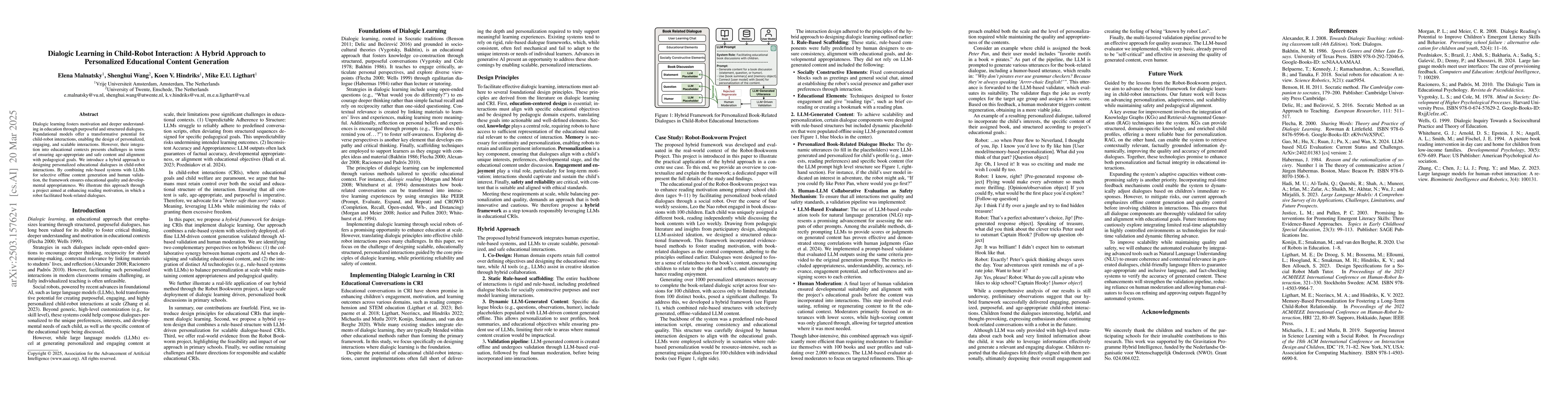 Thumbnail for Dialogic Learning in Child-Robot Interaction: A Hybrid Approach to
  Personalized Educational Content Generation