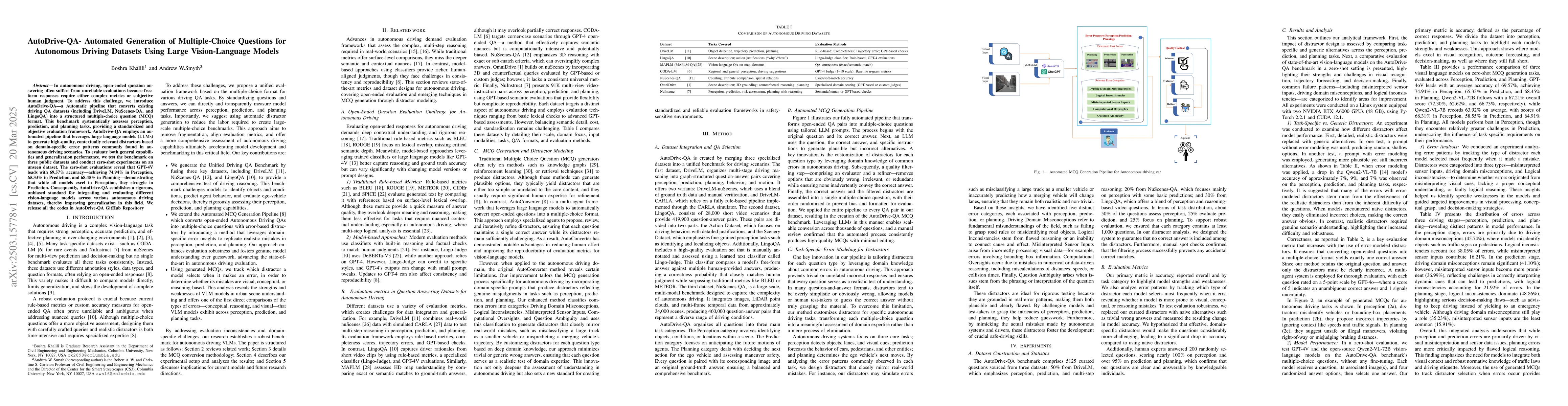 Thumbnail for AutoDrive-QA- Automated Generation of Multiple-Choice Questions for
  Autonomous Driving Datasets Using Large Vision-Language Models