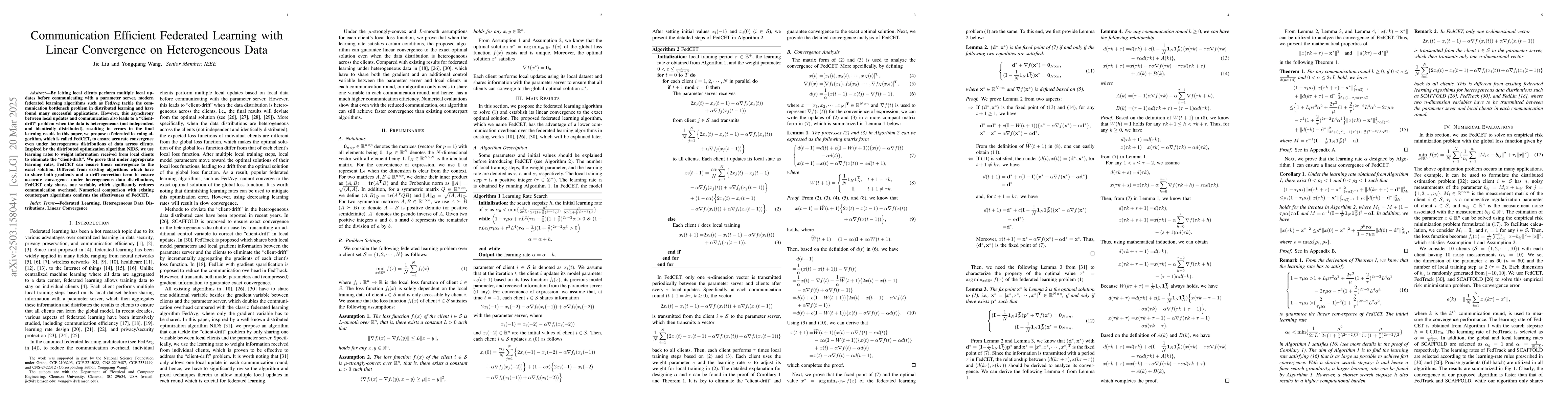 Thumbnail for Communication Efficient Federated Learning with Linear Convergence on
  Heterogeneous Data