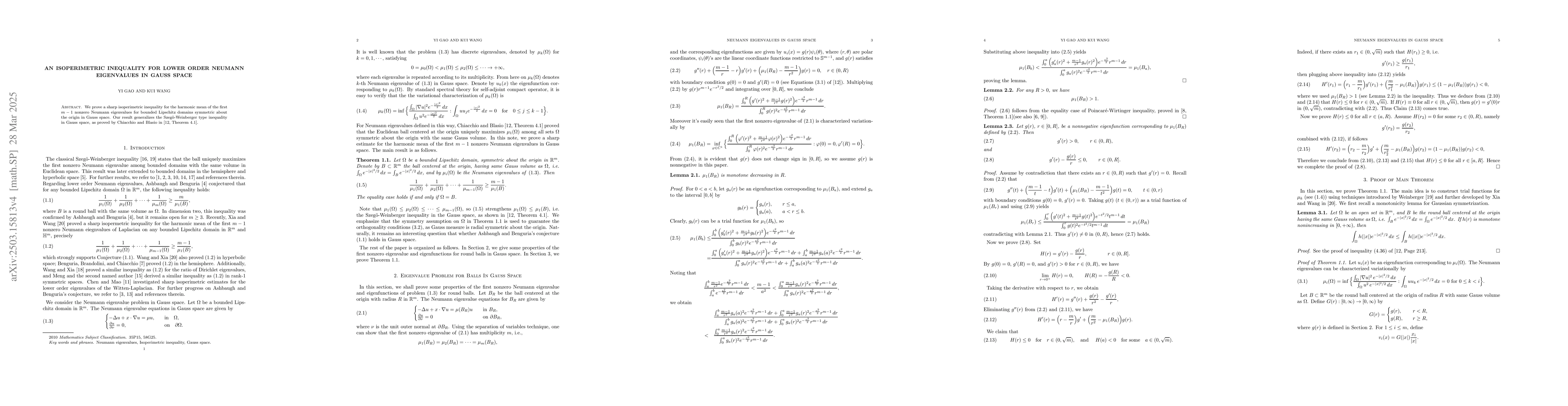 Thumbnail for An isopermetric inequality for lower order Neumann eigenvalues in Gauss
  space