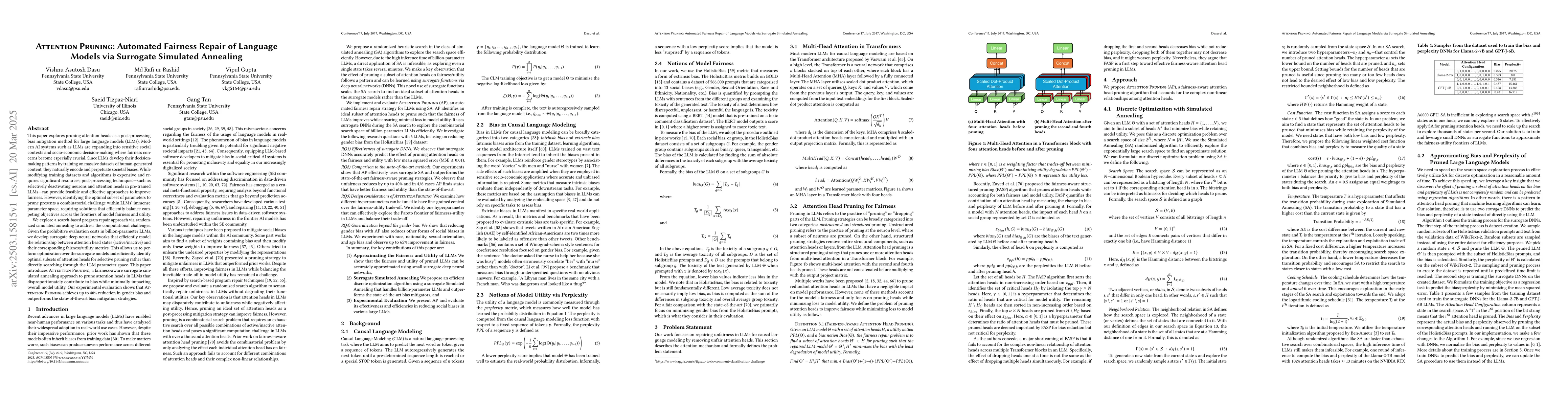 Thumbnail for Attention Pruning: Automated Fairness Repair of Language Models via
  Surrogate Simulated Annealing