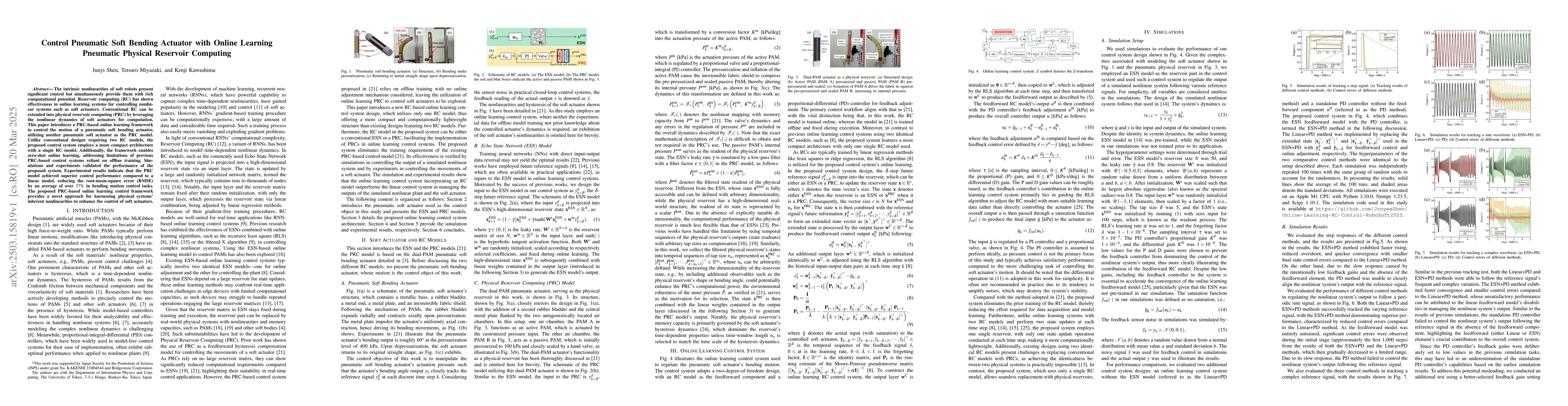 Thumbnail for Control Pneumatic Soft Bending Actuator with Online Learning Pneumatic
  Physical Reservoir Computing