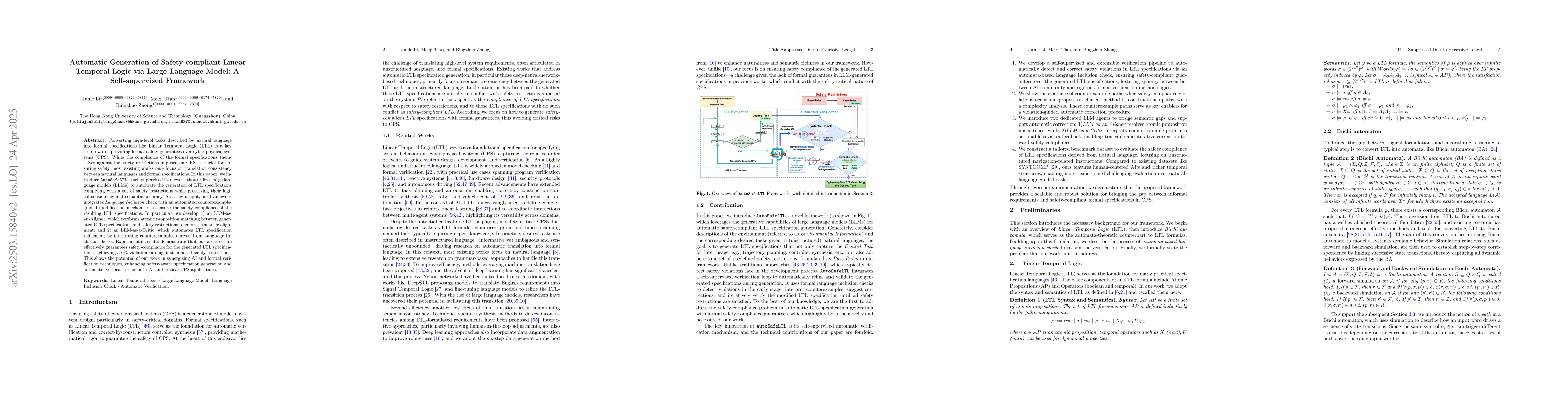 Thumbnail for Automatic Generation of Safety-compliant Linear Temporal Logic via Large
  Language Model: A Self-supervised Framework