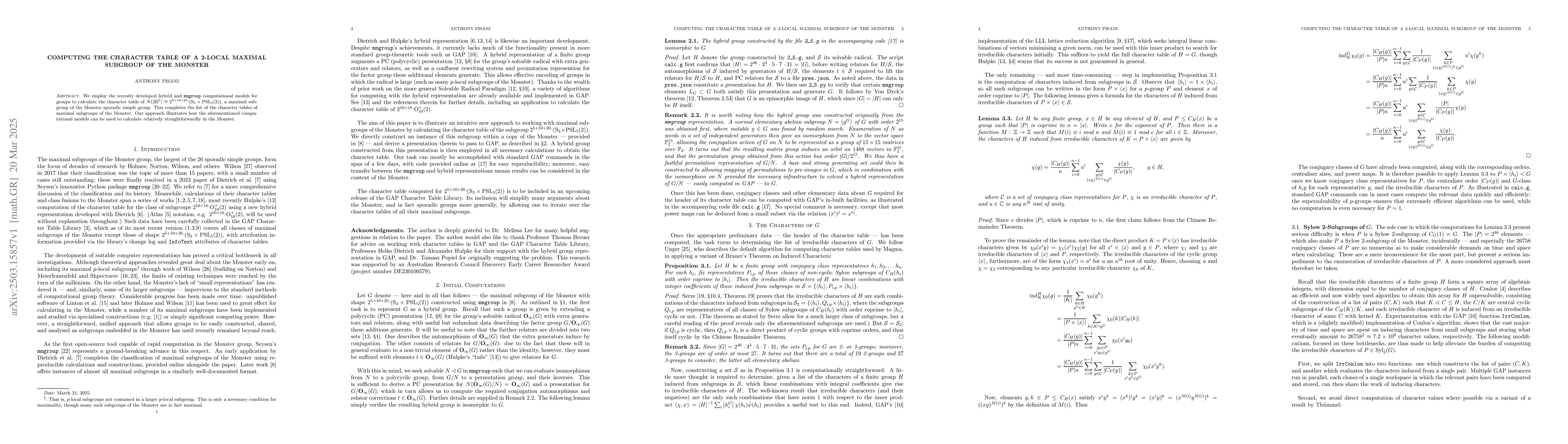 Thumbnail for Computing the Character Table of a 2-local Maximal Subgroup of the
  Monster