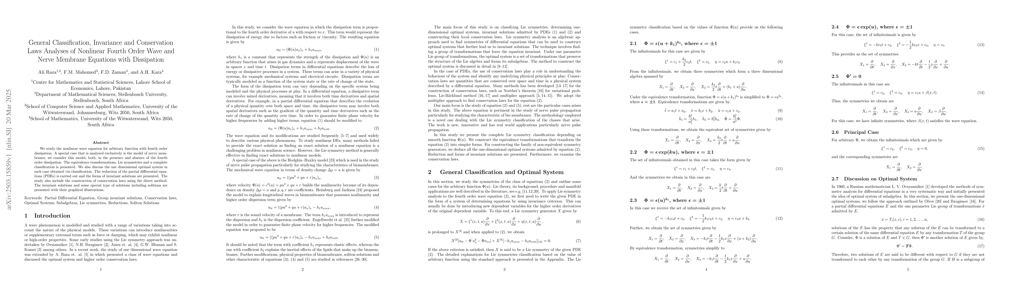 Thumbnail for General Classification, Invariance and Conservation Laws Analyses of
  Nonlinear Fourth Order Wave and Nerve Membrane Equations with Dissipation