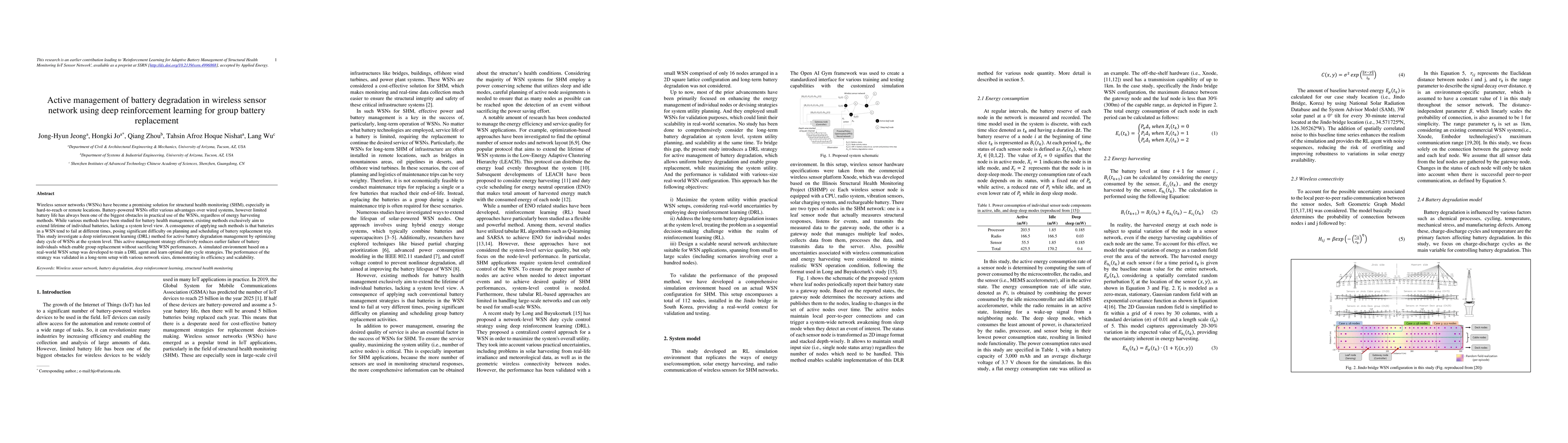 Thumbnail for Active management of battery degradation in wireless sensor network
  using deep reinforcement learning for group battery replacement