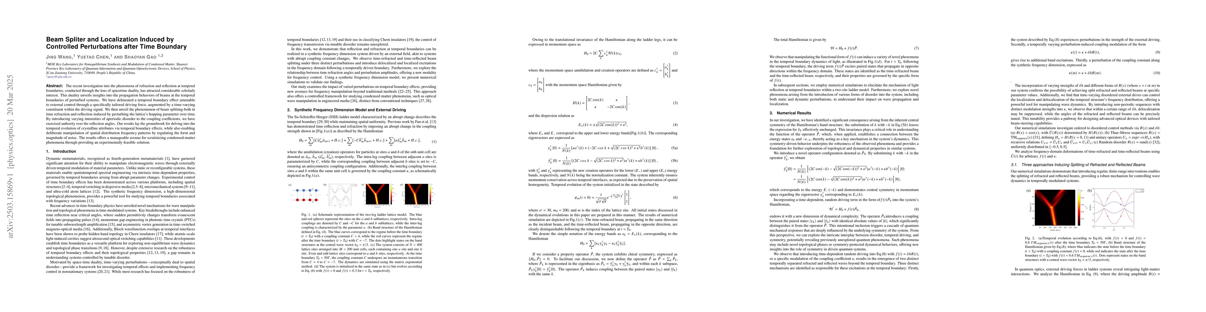 Thumbnail for Beam Spliter and Localization Induced by Controlled Perturbations after
  Time Boundary
