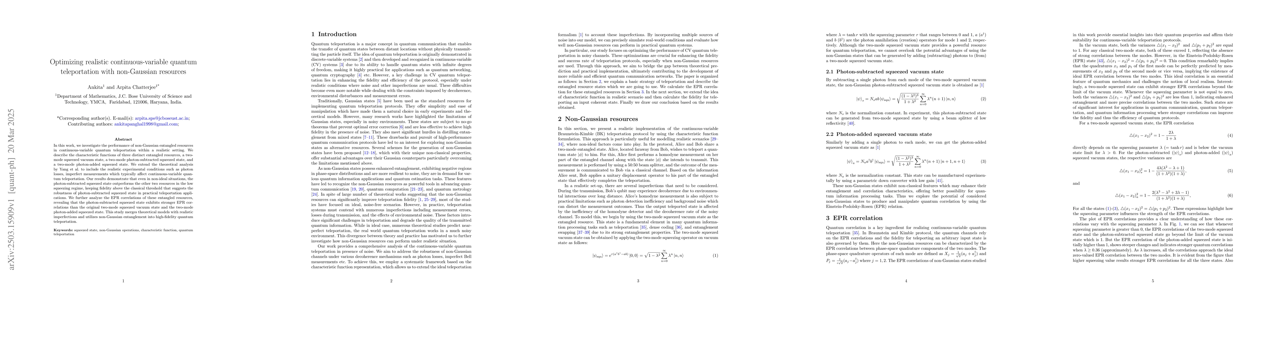 Thumbnail for Optimizing realistic continuous-variable quantum teleportation with
  non-Gaussian resources