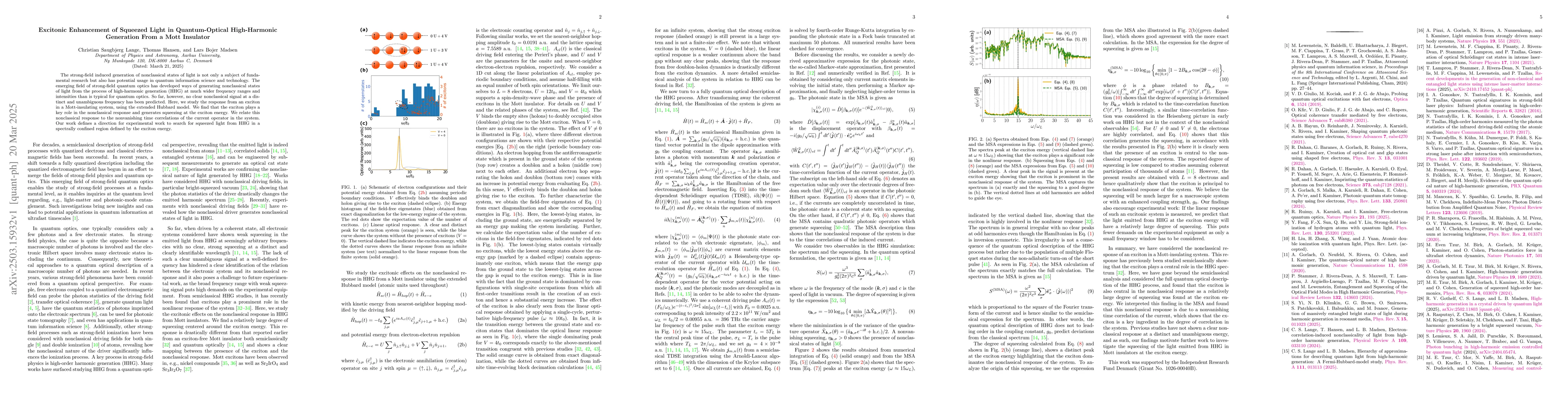 Thumbnail for Excitonic Enhancement of Squeezed Light in Quantum-Optical High-Harmonic
  Generation From a Mott Insulator