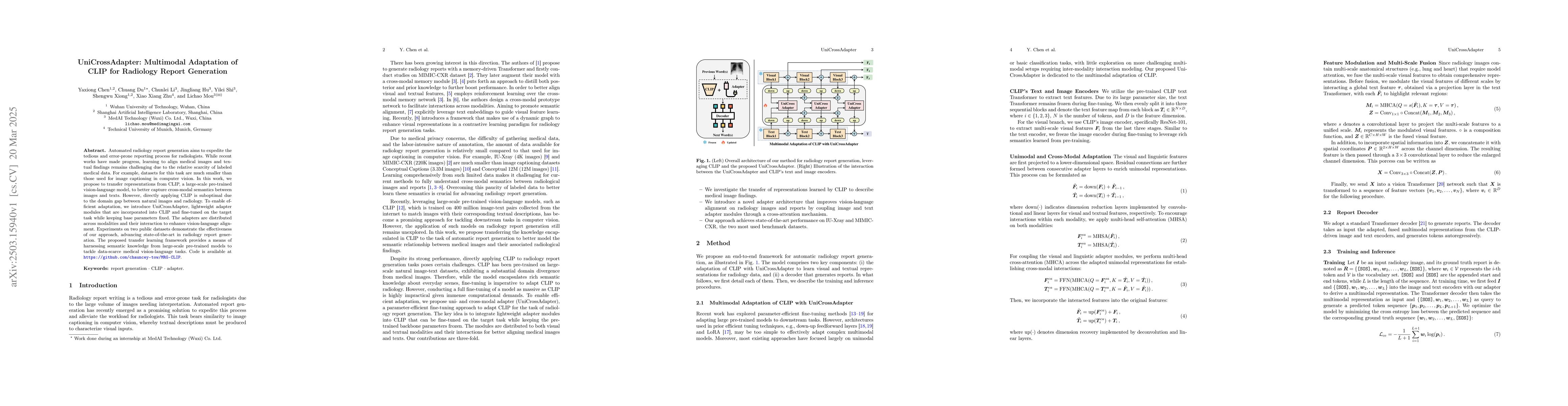 Thumbnail for UniCrossAdapter: Multimodal Adaptation of CLIP for Radiology Report
  Generation