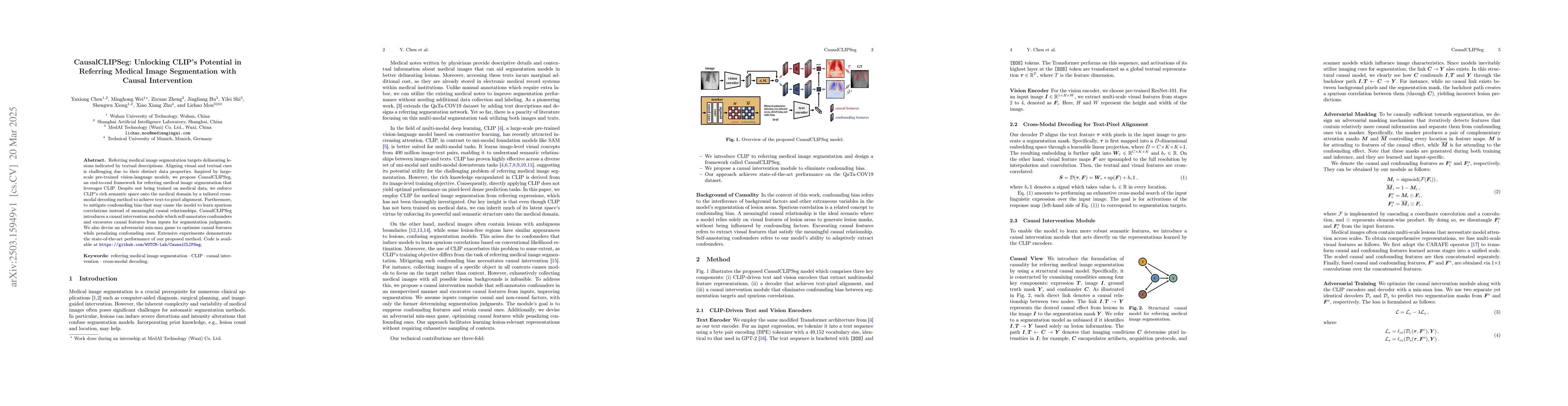 Thumbnail for CausalCLIPSeg: Unlocking CLIP's Potential in Referring Medical Image
  Segmentation with Causal Intervention