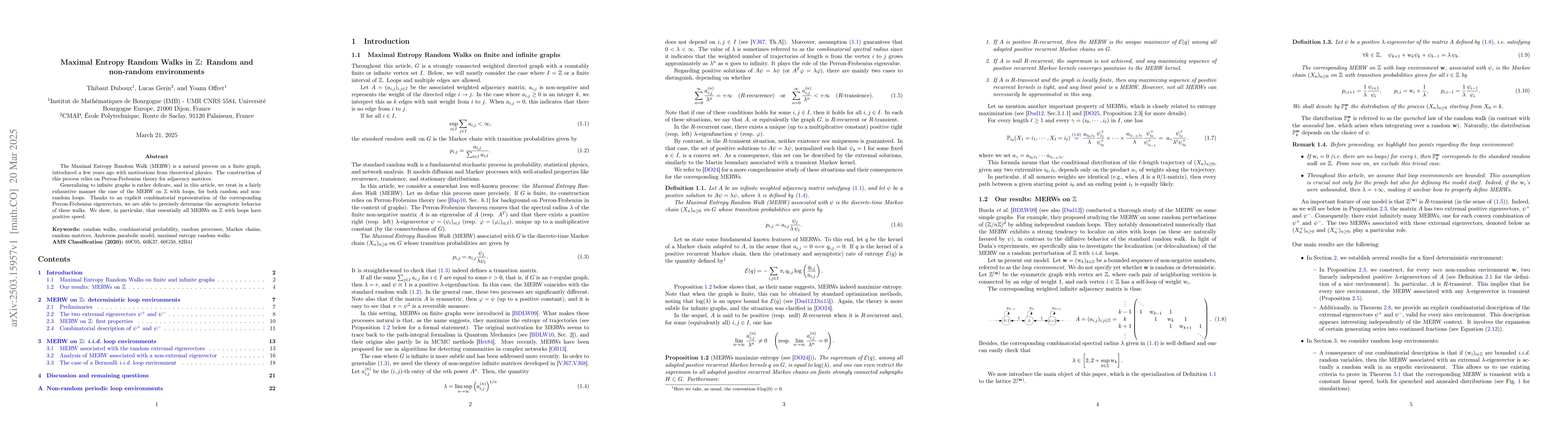Thumbnail for Maximal Entropy Random Walks in Z: Random and non-random environments