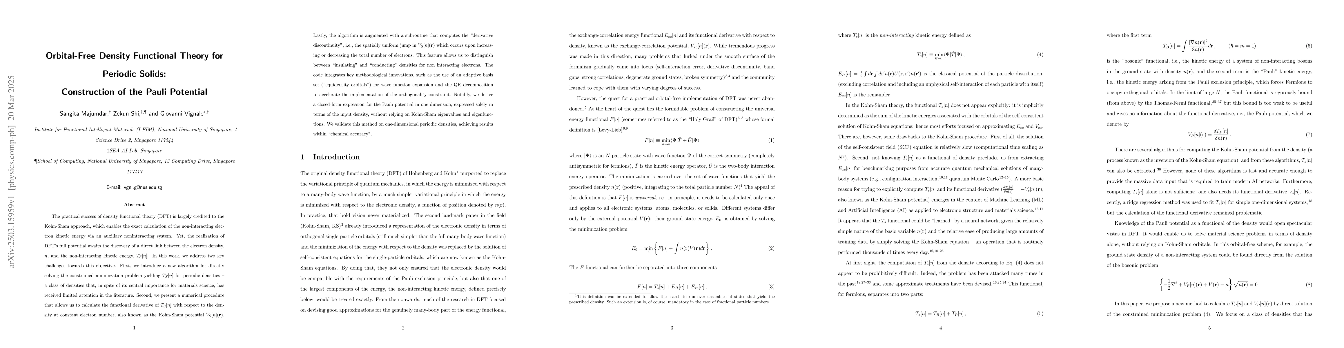 Thumbnail for Orbital-Free Density Functional Theory for Periodic Solids: Construction
  of the Pauli Potential