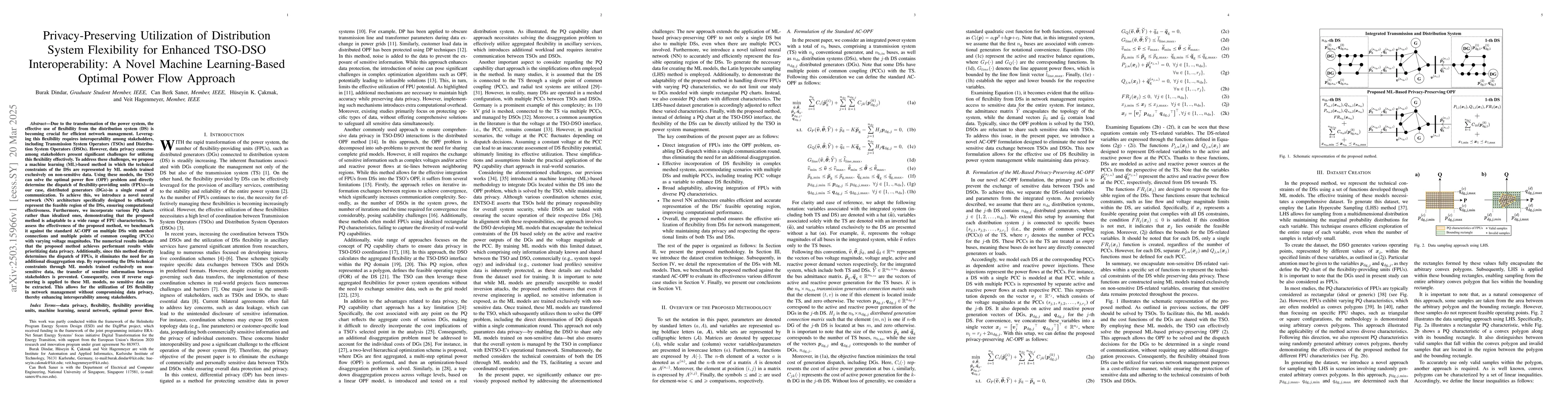 Thumbnail for Privacy-Preserving Utilization of Distribution System Flexibility for
  Enhanced TSO-DSO Interoperability: A Novel Machine Learning-Based Optimal
  Power Flow Approach