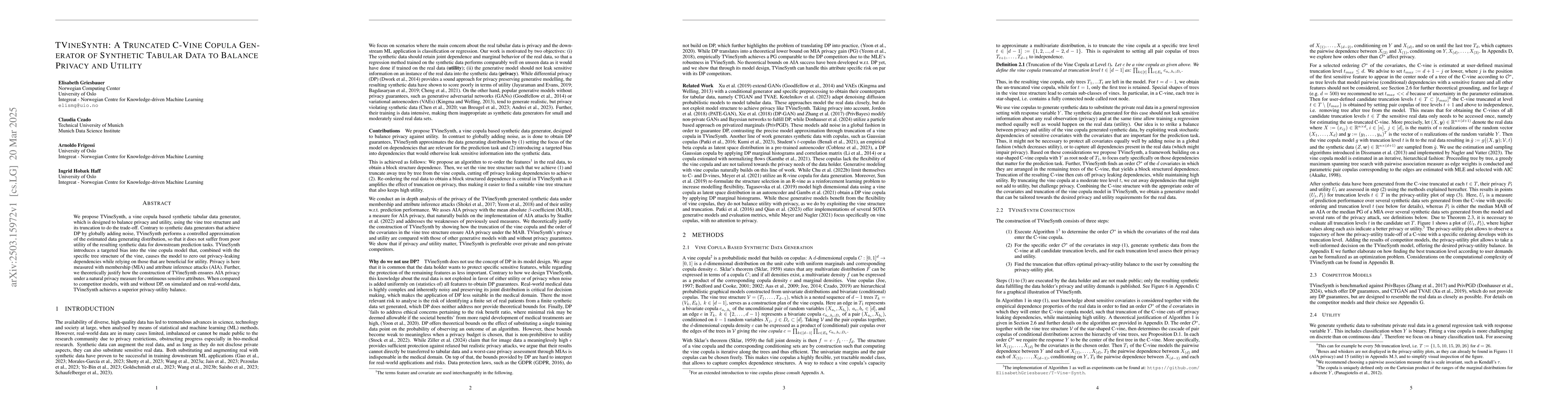Thumbnail for TVineSynth: A Truncated C-Vine Copula Generator of Synthetic Tabular
  Data to Balance Privacy and Utility
