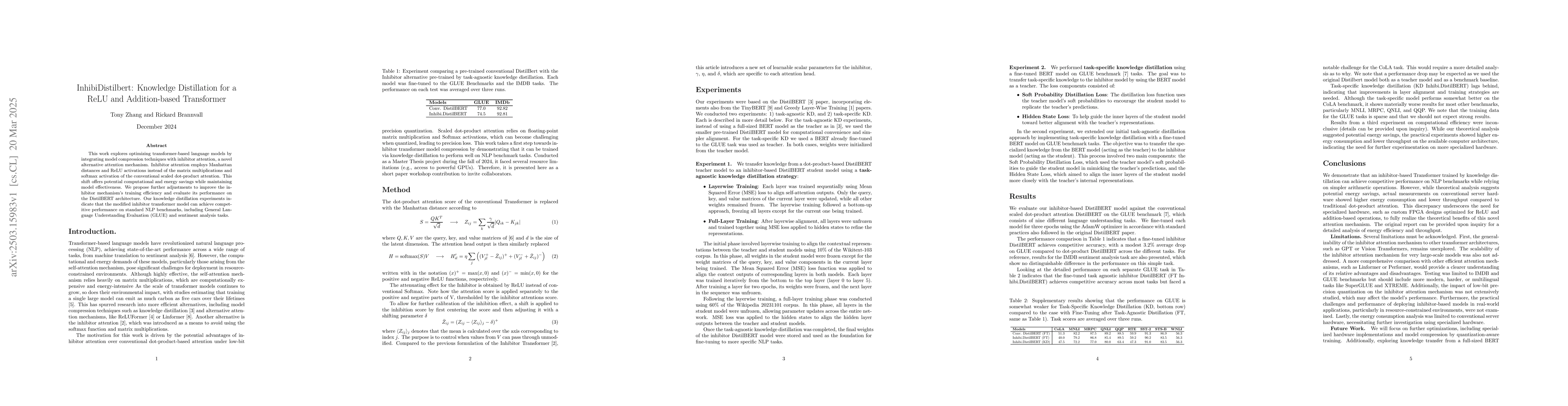 Thumbnail for InhibiDistilbert: Knowledge Distillation for a ReLU and Addition-based
  Transformer