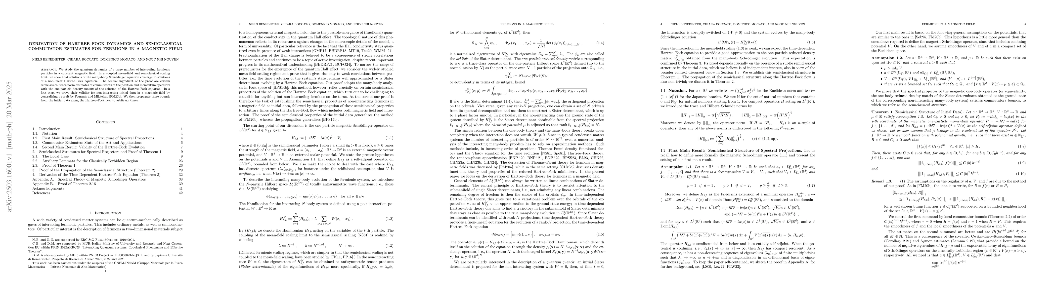 Thumbnail for Derivation of Hartree-Fock Dynamics and Semiclassical Commutator
  Estimates for Fermions in a Magnetic Field