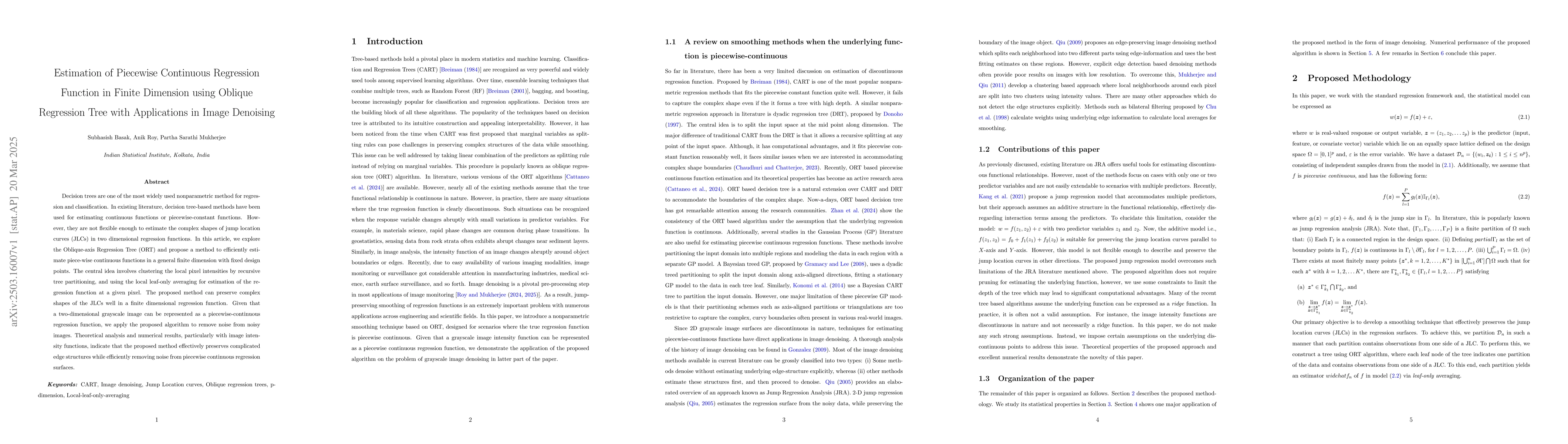Thumbnail for Estimation of Piecewise Continuous Regression Function in Finite
  Dimension using Oblique Regression Tree with Applications in Image Denoising