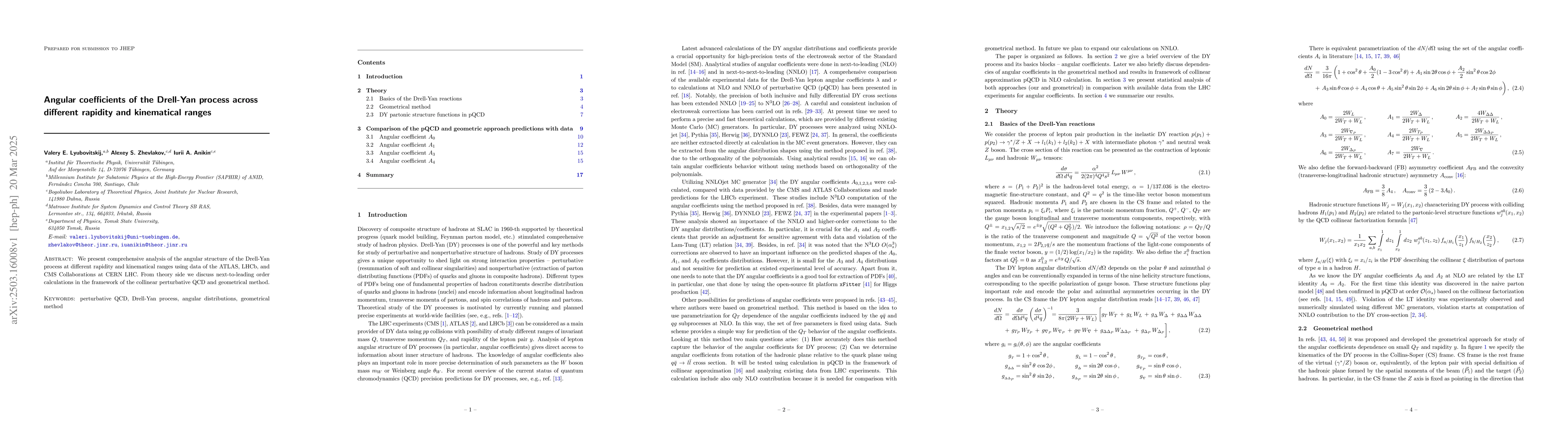Thumbnail for Angular coefficients of the Drell-Yan process across different rapidity
  and kinematical ranges