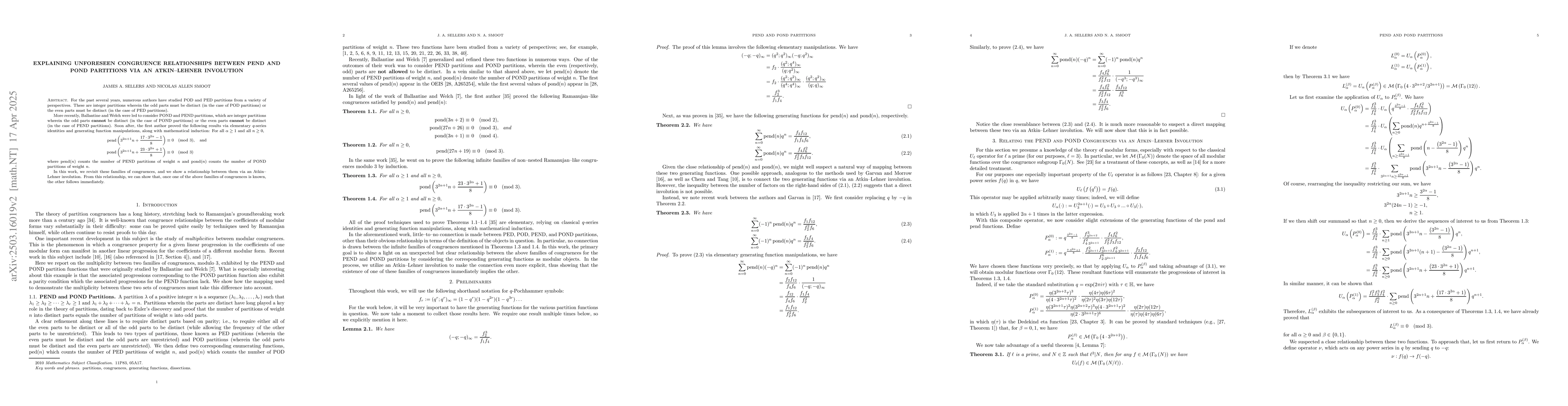 Thumbnail for Explaining Unforeseen Congruence Relationships Between PEND and POND
  Partitions via an Atkin--Lehner Involution