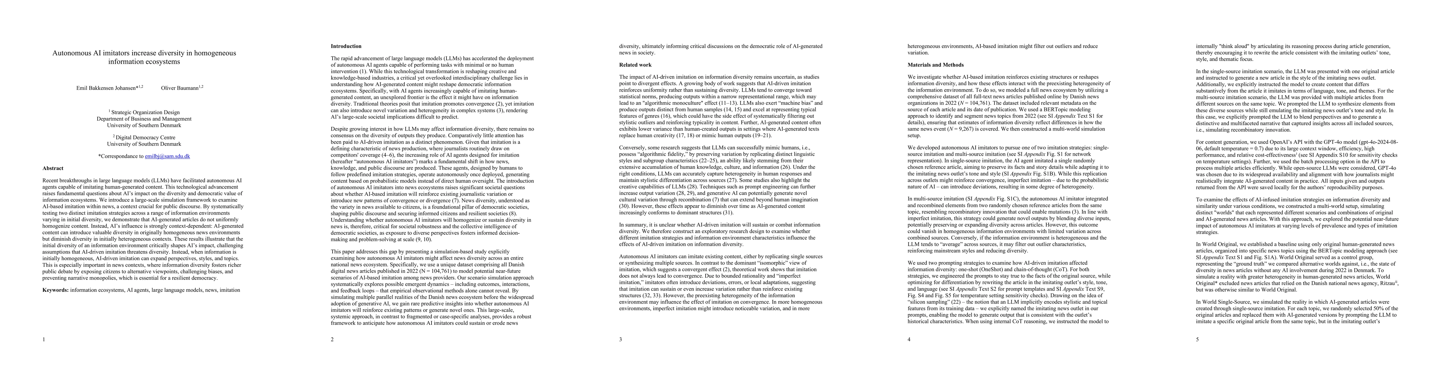 Thumbnail for Autonomous AI imitators increase diversity in homogeneous information
  ecosystems