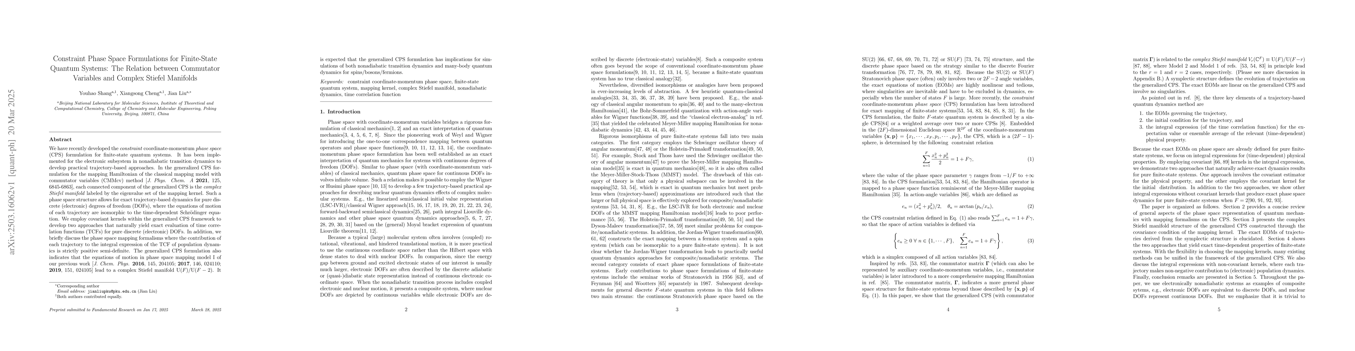 Thumbnail for Constraint Phase Space Formulations for Finite-State Quantum Systems:
  The Relation between Commutator Variables and Complex Stiefel Manifolds