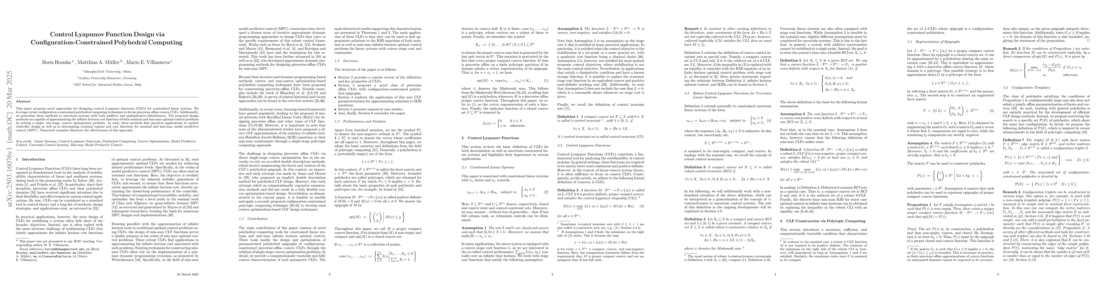 Thumbnail for Control Lyapunov Function Design via Configuration-Constrained
  Polyhedral Computing
