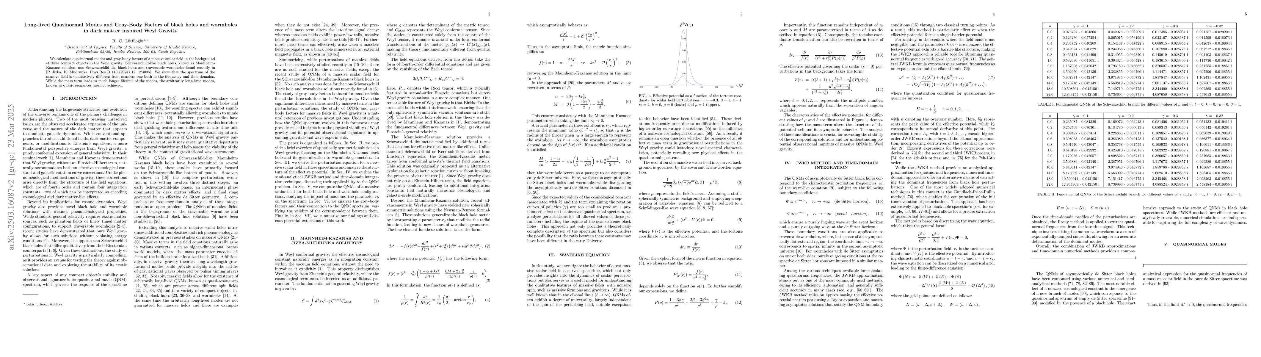 Thumbnail for Long-lived Quasinormal Modes and Gray-Body Factors of black holes and
  wormholes in dark matter inspired Weyl Gravity