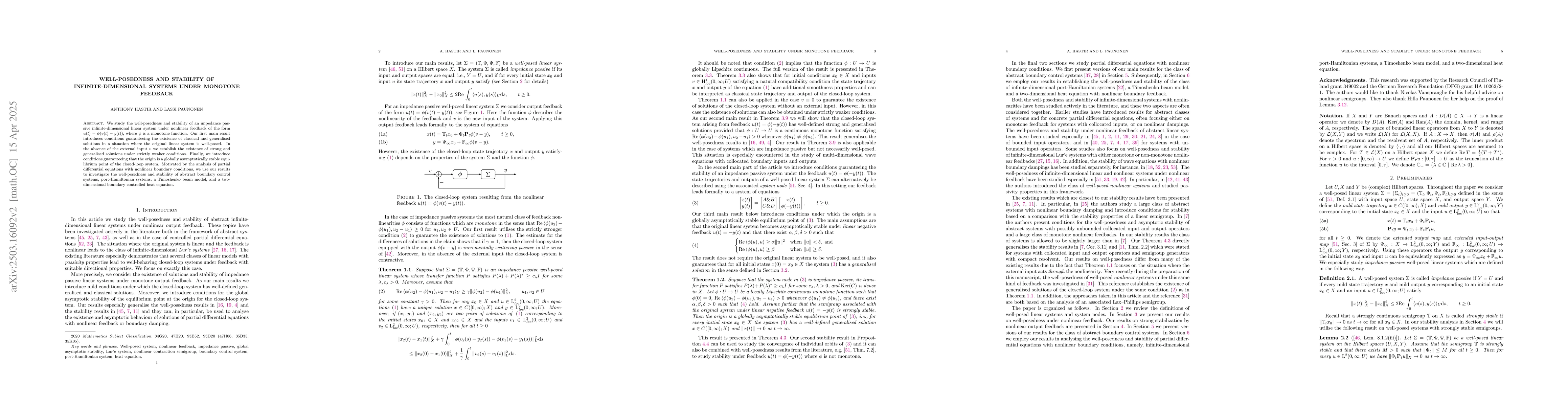 Thumbnail for Well-Posedness and Stability of Infinite-Dimensional Systems Under
  Monotone Feedback