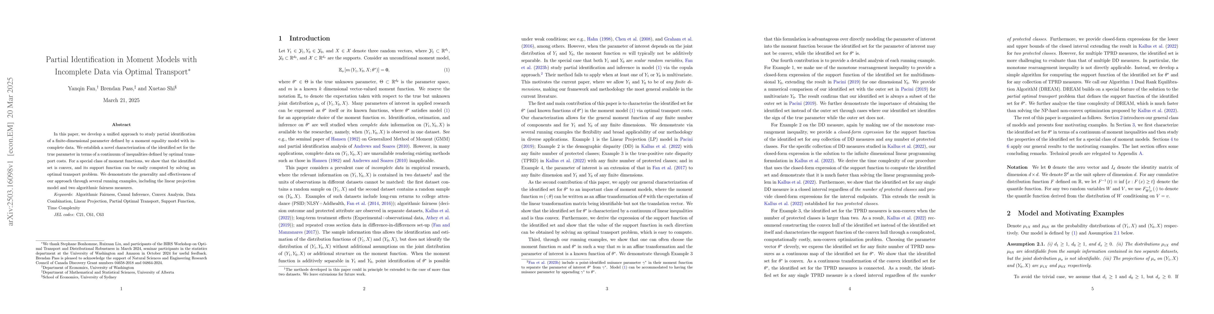 Thumbnail for Partial Identification in Moment Models with Incomplete Data via Optimal
  Transport
