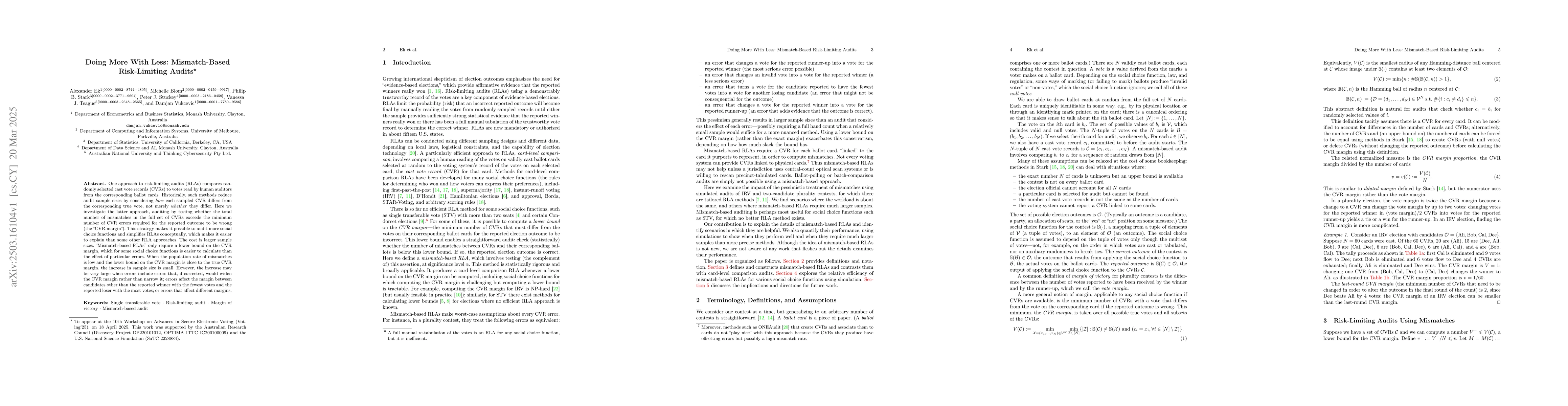 Thumbnail for Doing More With Less: Mismatch-Based Risk-Limiting Audits