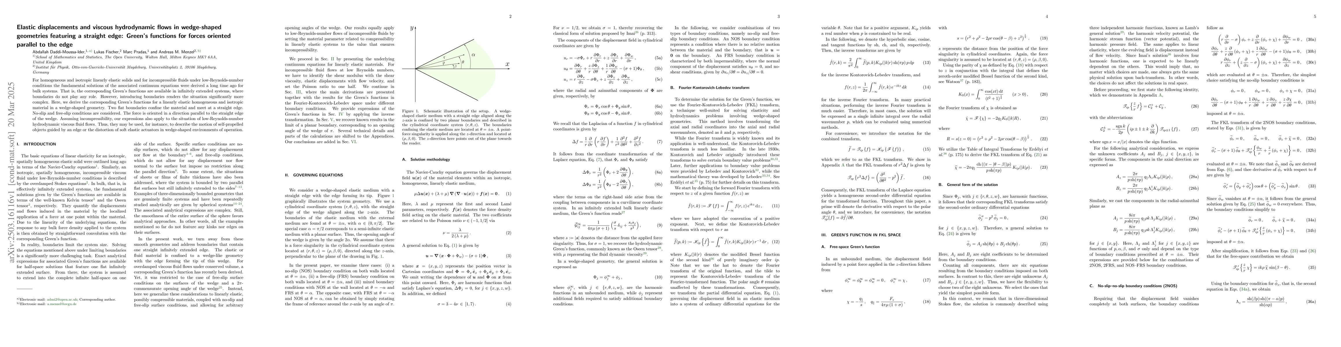 Thumbnail for Elastic displacements and viscous hydrodynamic flows in wedge-shaped
  geometries featuring a straight edge: Green's functions for forces oriented
  parallel to the edge