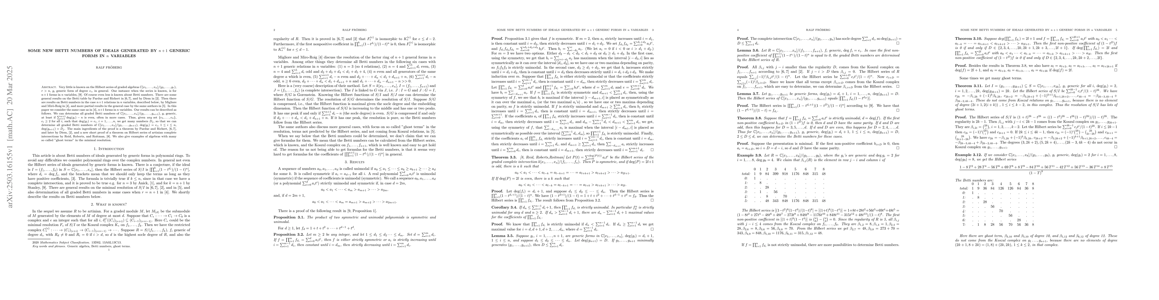 Thumbnail for Some new Betti numbers of ideals generated by n+1 generic forms in n
  variables
