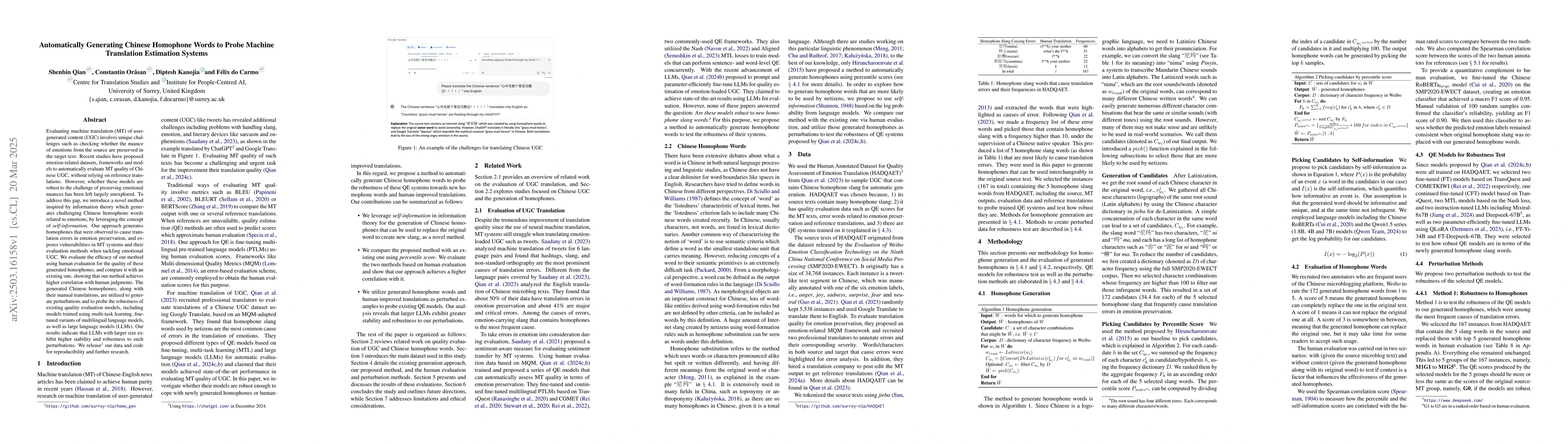 Thumbnail for Automatically Generating Chinese Homophone Words to Probe Machine
  Translation Estimation Systems