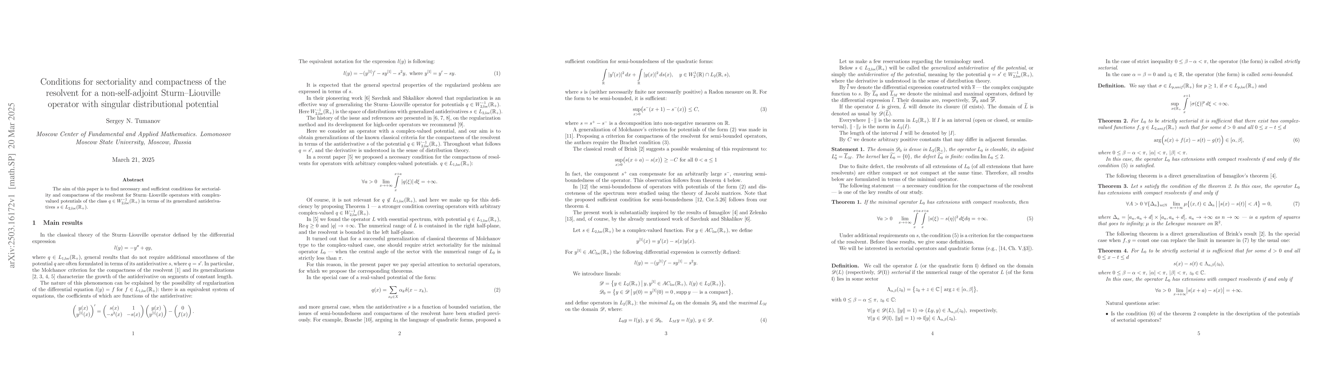 Thumbnail for Conditions for sectoriality and compactness of the resolvent for a
  non-self-adjoint Sturm--Liouville operator with singular distributional
  potential