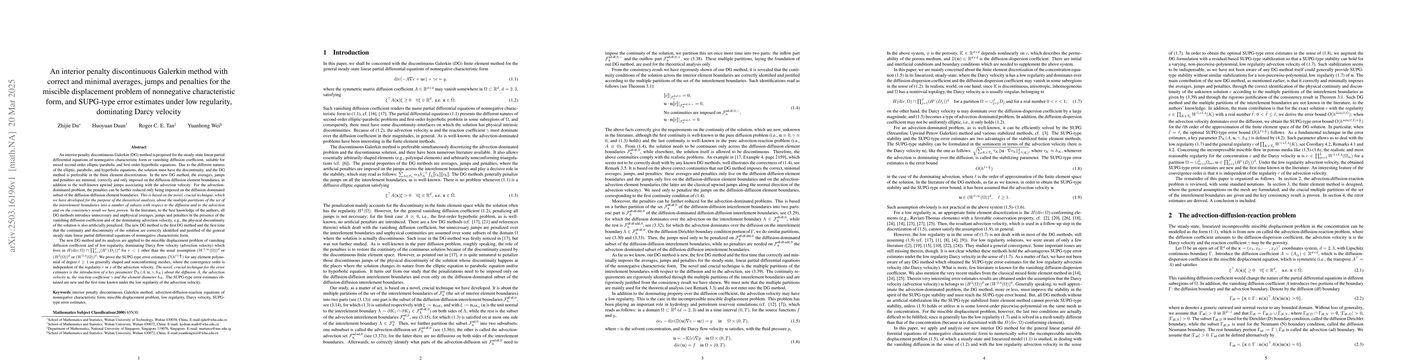Thumbnail for An interior penalty DG method with correct and minimal averages, jumps
  and penalties for the miscible displacement problem of nonnegative
  characteristic form, and SUPG-type error estimates under low regularity,
  dominating Darcy velocity