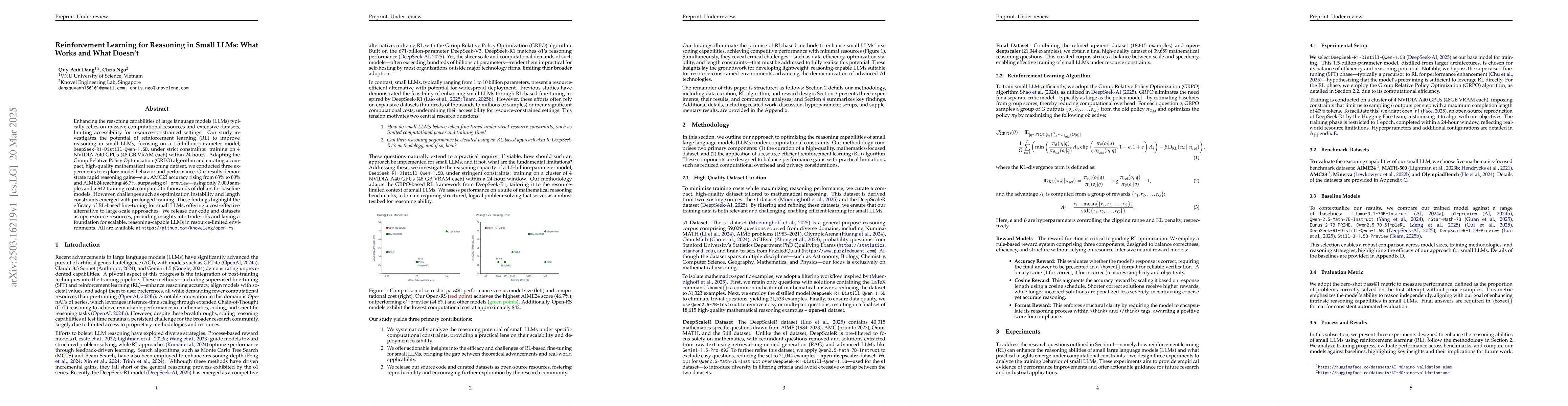 Thumbnail for Reinforcement Learning for Reasoning in Small LLMs: What Works and What
  Doesn't