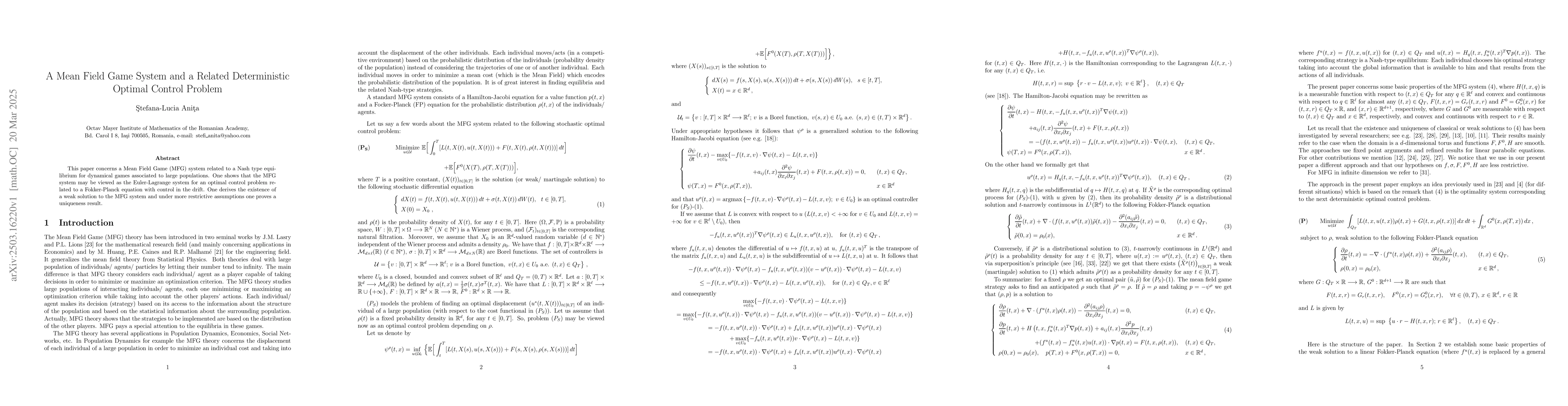 Thumbnail for A Mean Field Game System and a Related Deterministic Optimal Control
  Problem
