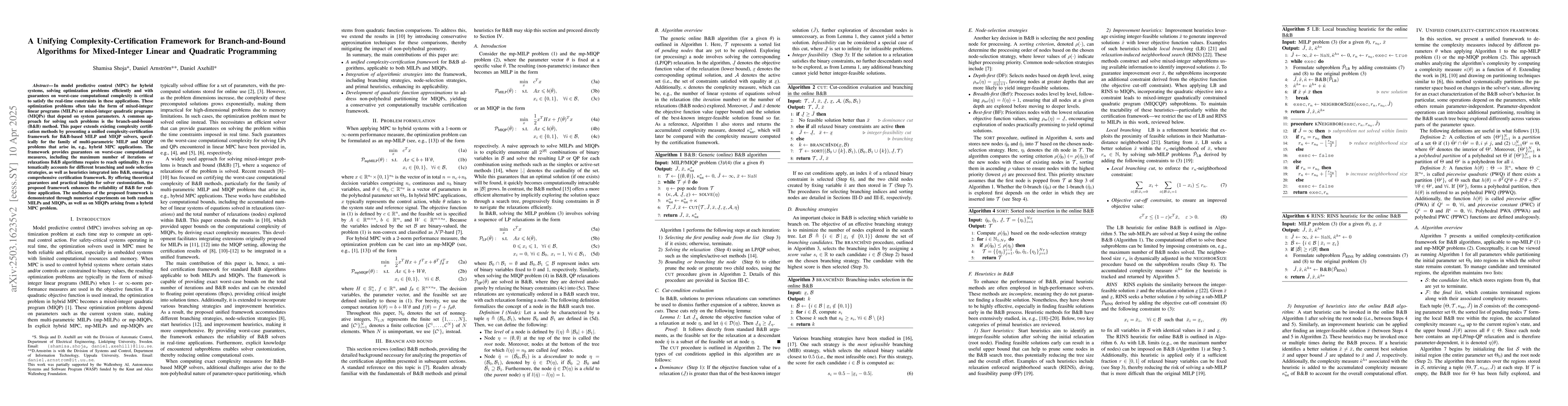 Thumbnail for A Unifying Complexity-Certification Framework for Branch-and-Bound
  Algorithms for Mixed-Integer Linear and Quadratic Programming