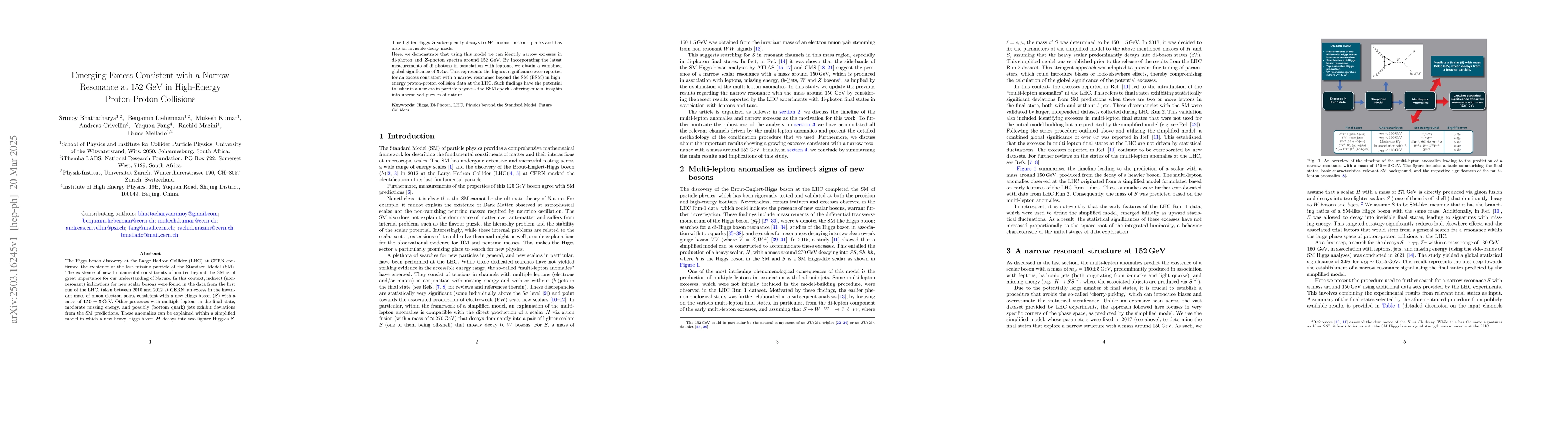 Thumbnail for Emerging Excess Consistent with a Narrow Resonance at 152 GeV in
  High-Energy Proton-Proton Collisions