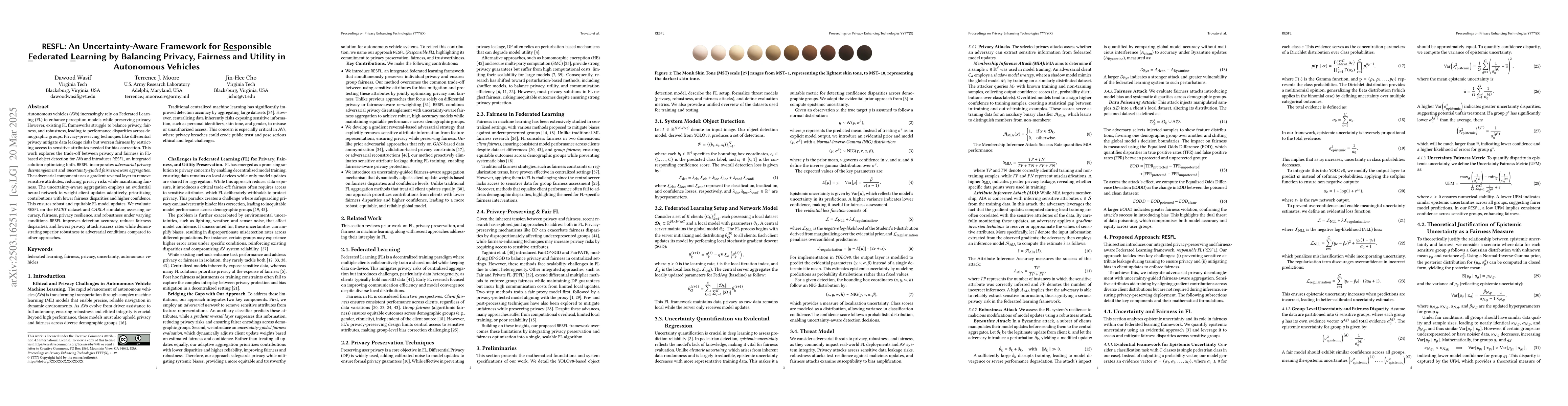 Thumbnail for RESFL: An Uncertainty-Aware Framework for Responsible Federated Learning
  by Balancing Privacy, Fairness and Utility in Autonomous Vehicles