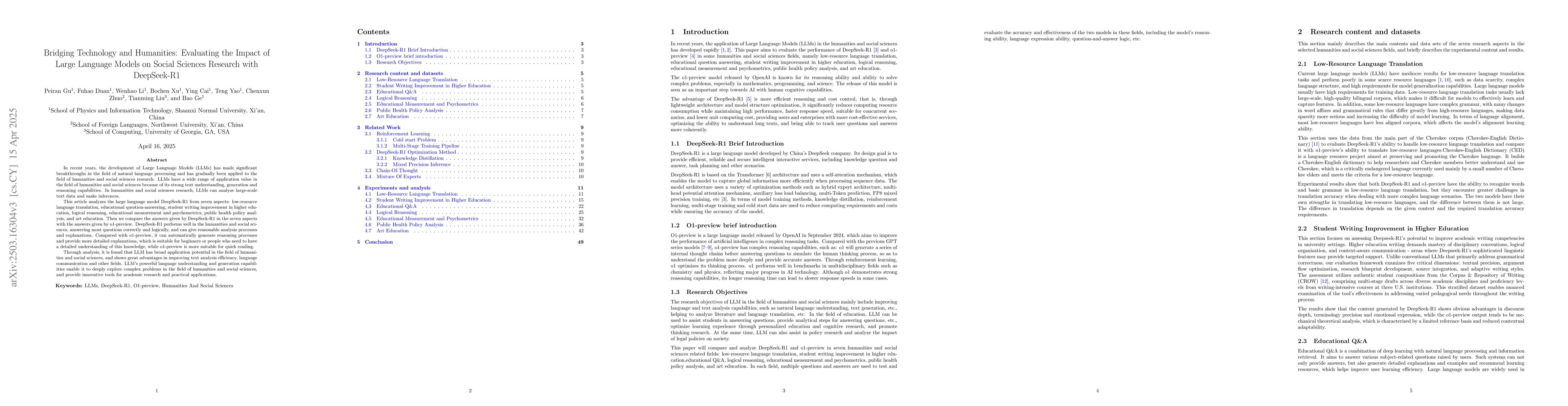 Thumbnail for Bridging Technology and Humanities: Evaluating the Impact of Large
  Language Models on Social Sciences Research with DeepSeek-R1