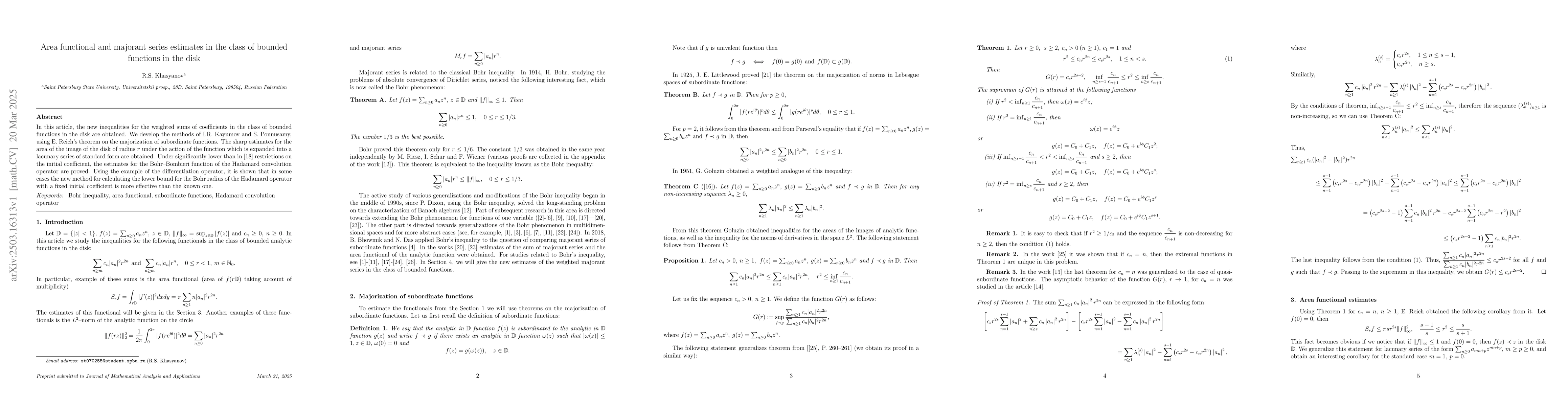 Thumbnail for Area functional and majorant series estimates in the class of bounded
  functions in the disk
