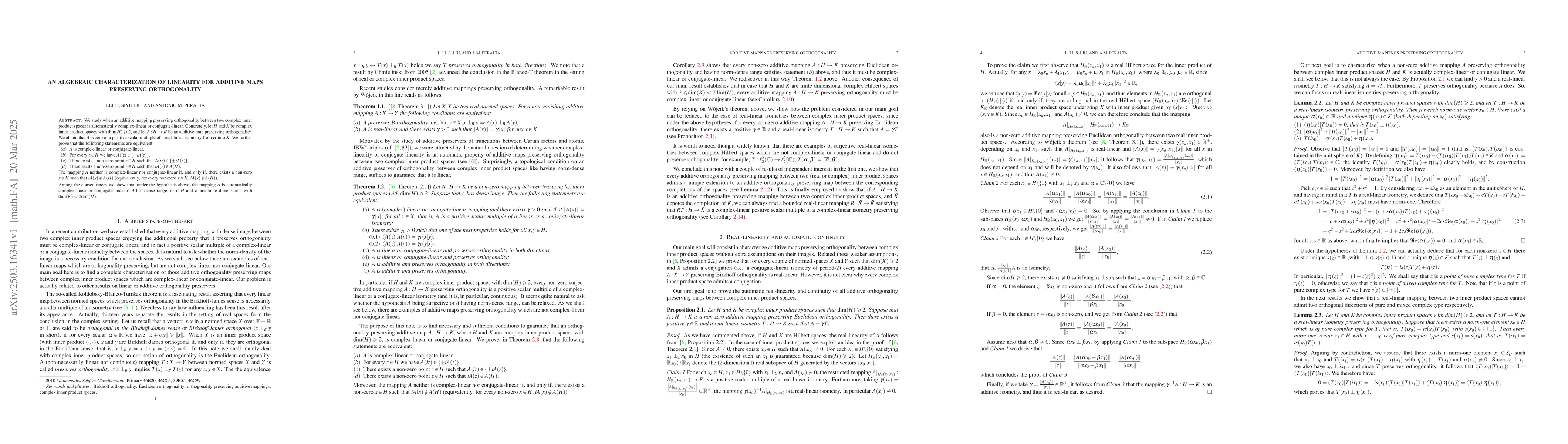 Thumbnail for An algebraic characterization of linearity for additive maps preserving
  orthogonality