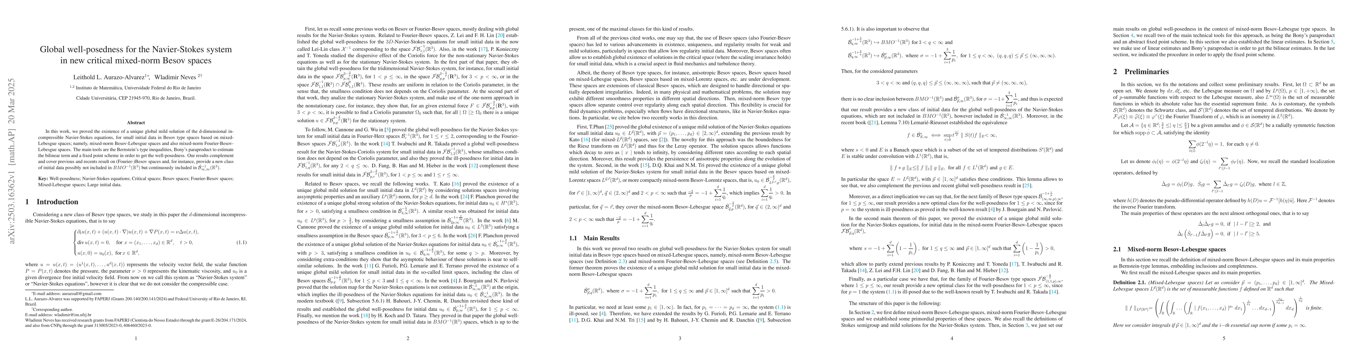 Thumbnail for Global well-posedness for the Navier-Stokes system in new critical
  mixed-norm Besov spaces